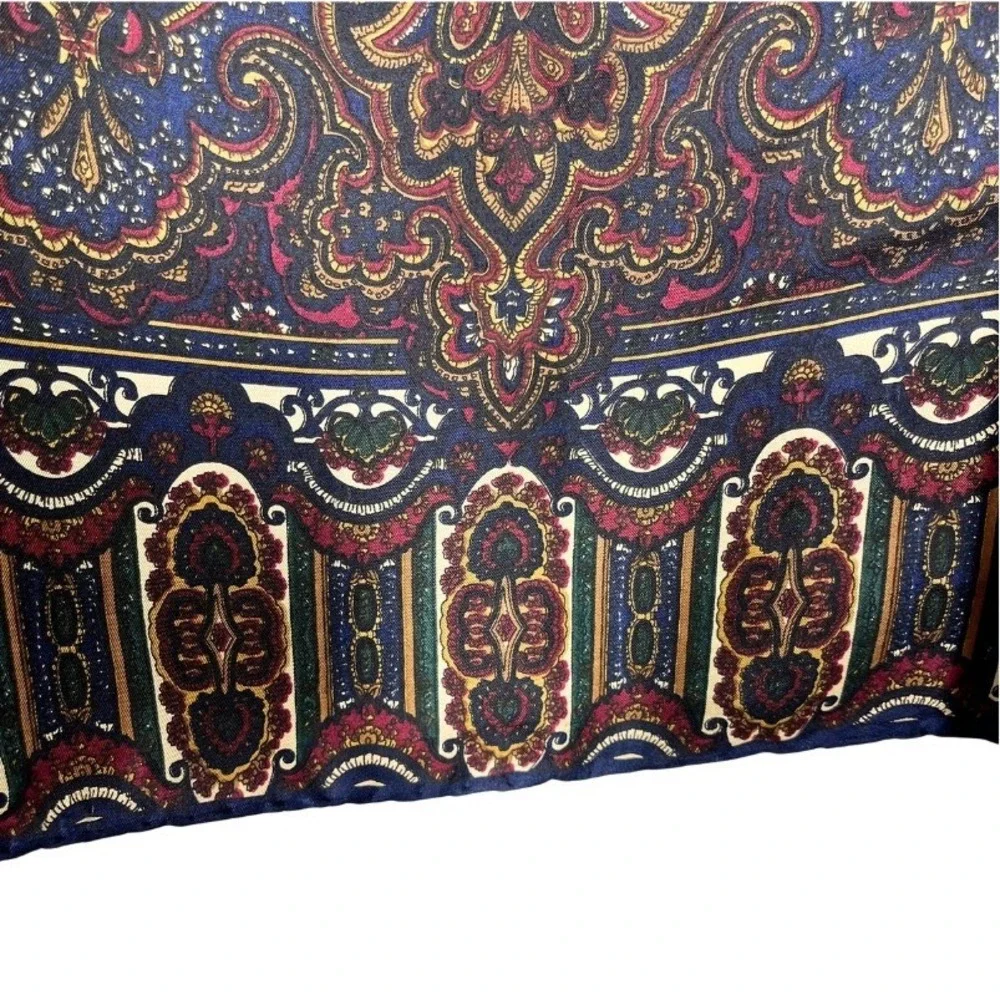 Basha Silk Scarf Navy Blue Burgundy Paisley Medallion Square Hand Rolled 31x30
